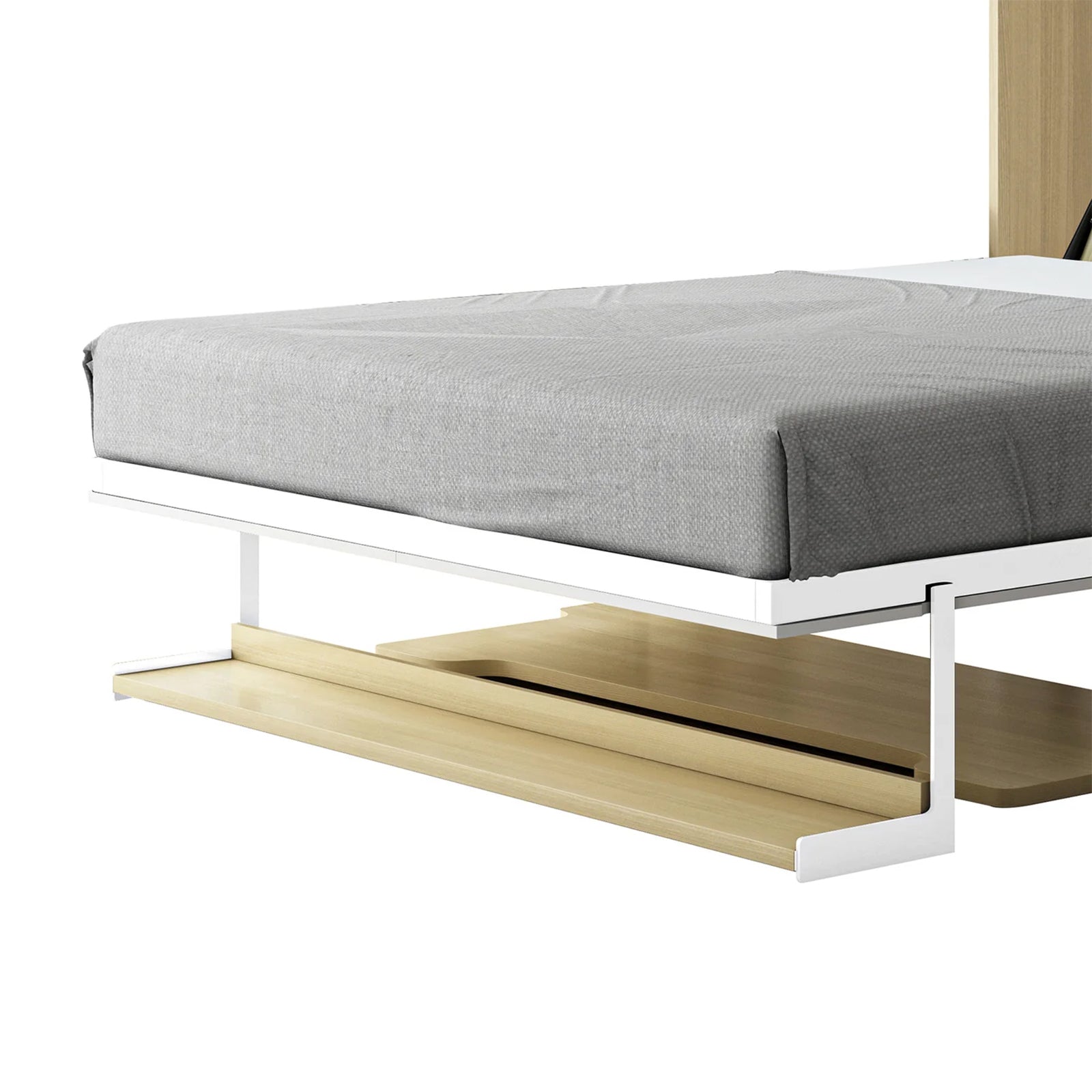 Close-up of the Logan Queen Murphy Bed & Cybele Mattress in White Natural, highlighting the white metal frame with grey mattress and light-wood pull-out shelf for under-bed storage or desk use.