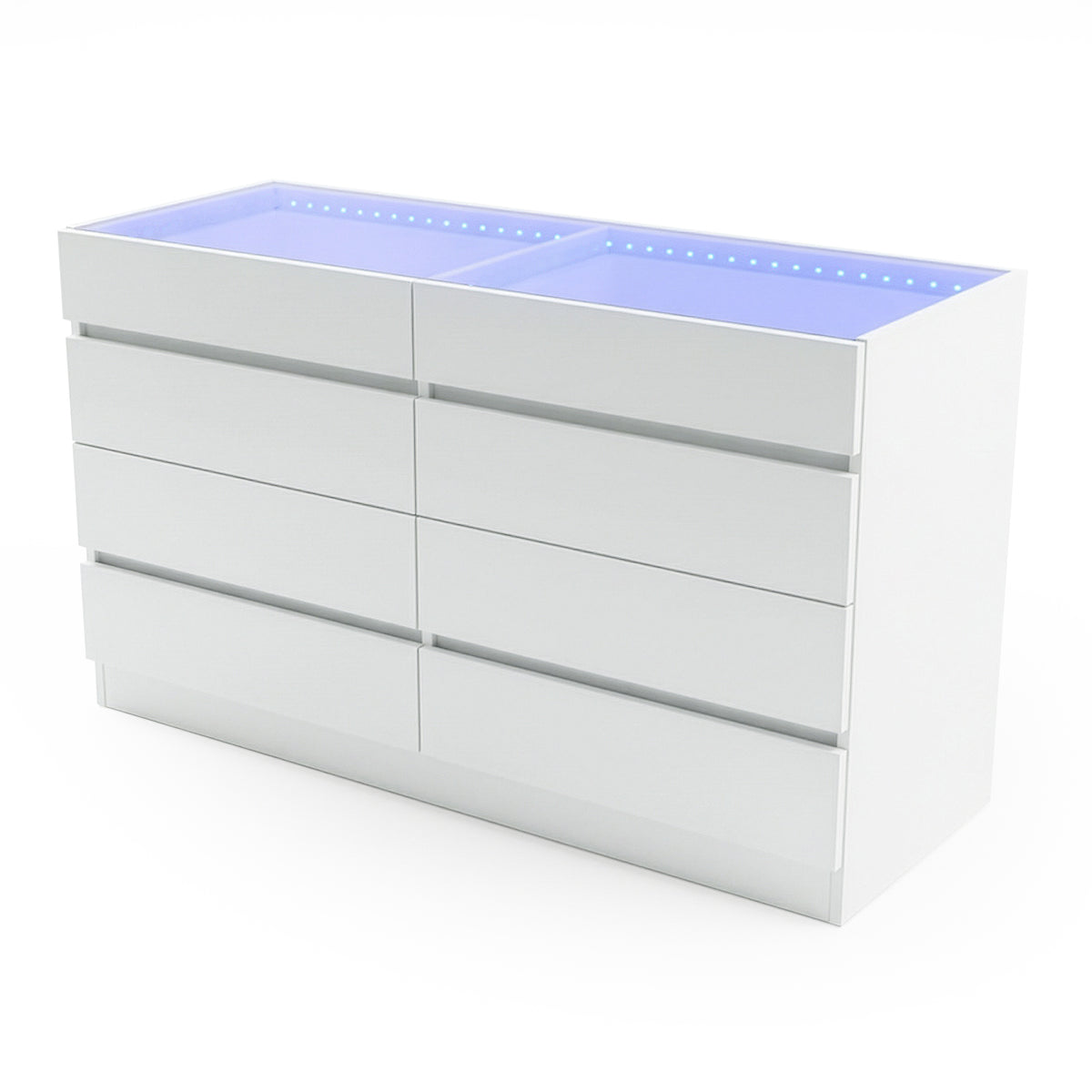 Modern white dresser with eight drawers and blue-tinted top trays on white background