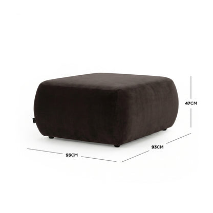 Dark brown square ottoman with dimensions on white background