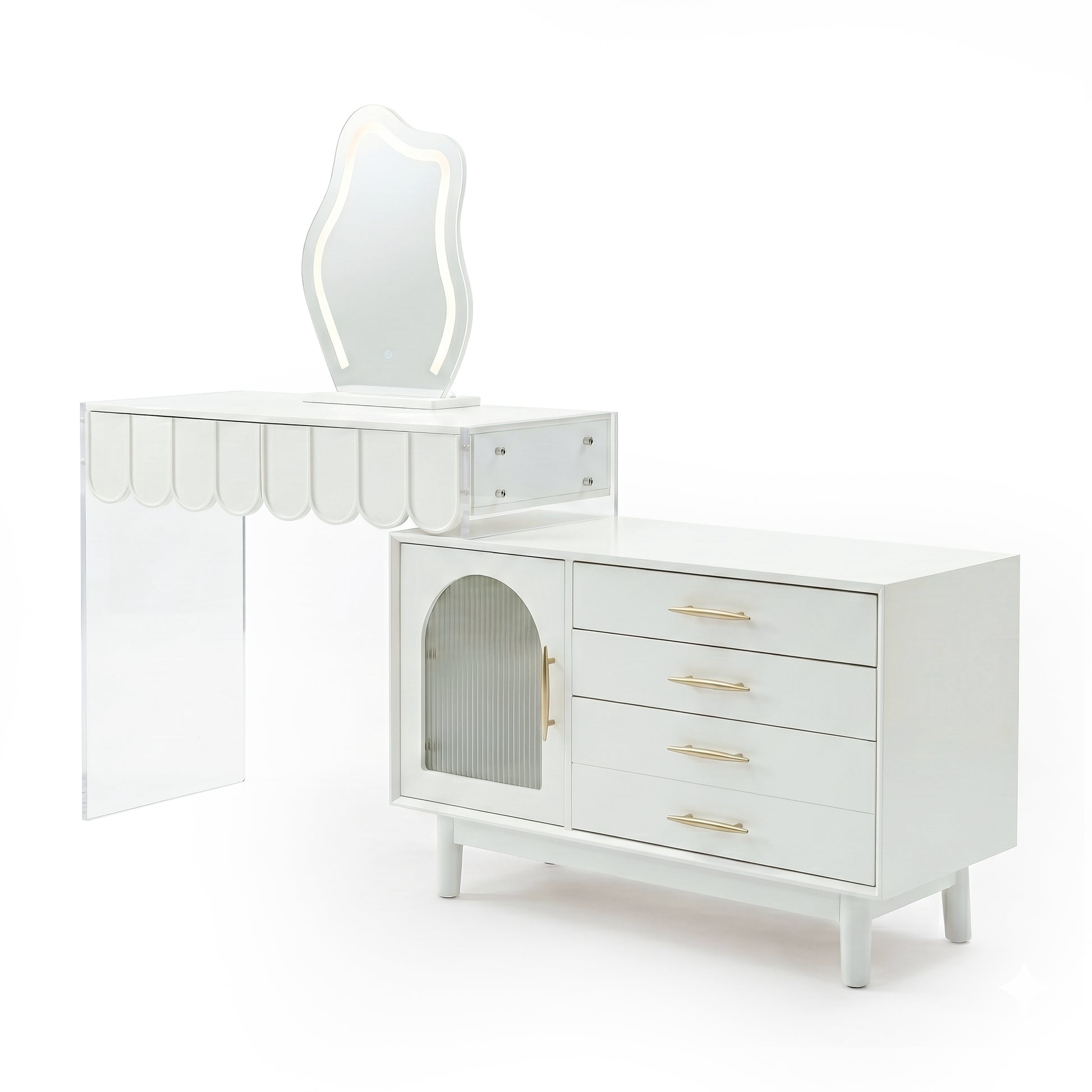 White background shot of full white vanity and storage cabinet set with scalloped-edge top and LED-lit mirror