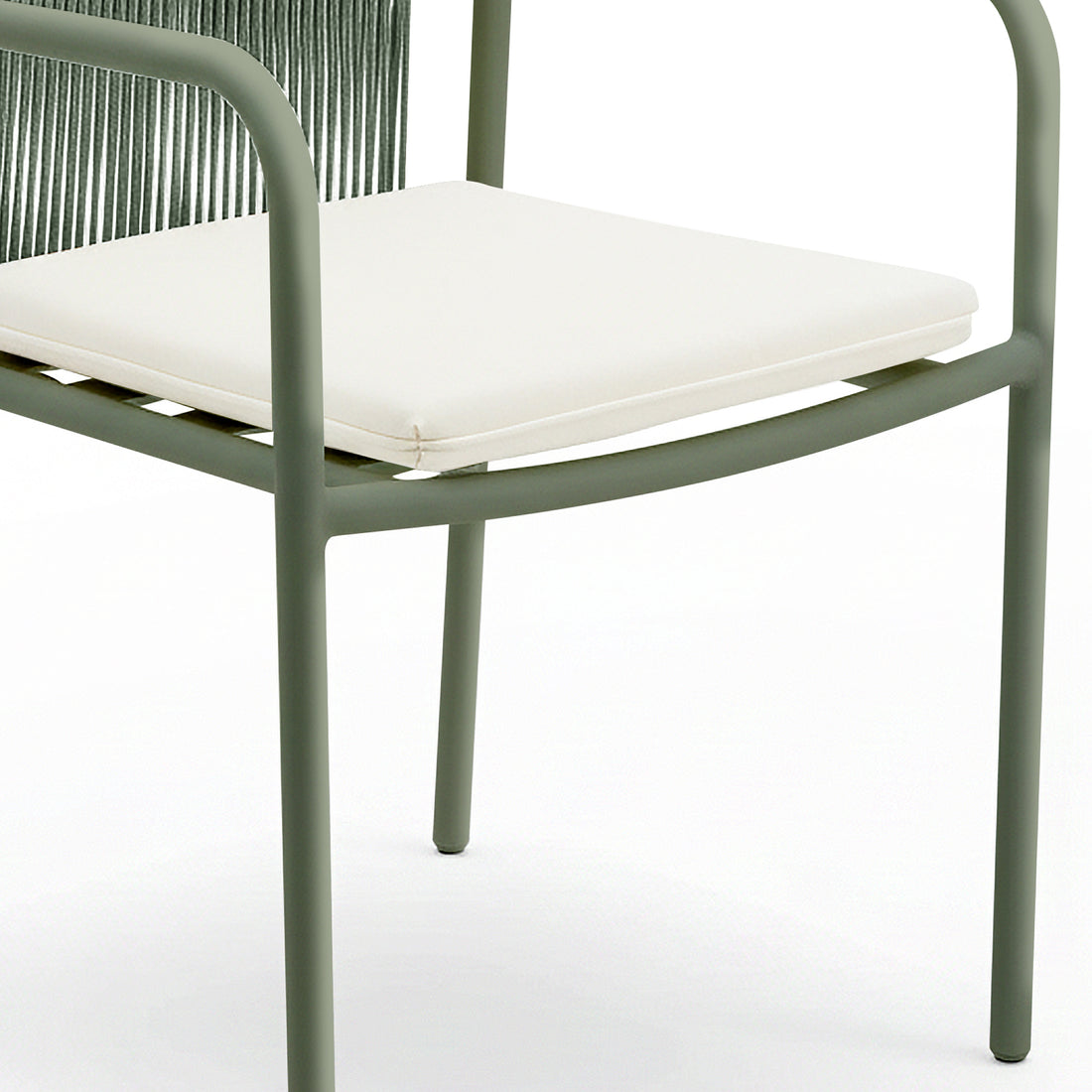 Evone 4 Seater Stone Outdoor Dining Table Set in Green, featuring a sleek stone tabletop and slender olive-green metal frame with woven backrest chairs and removable white cushions, perfect for outdoor dining.