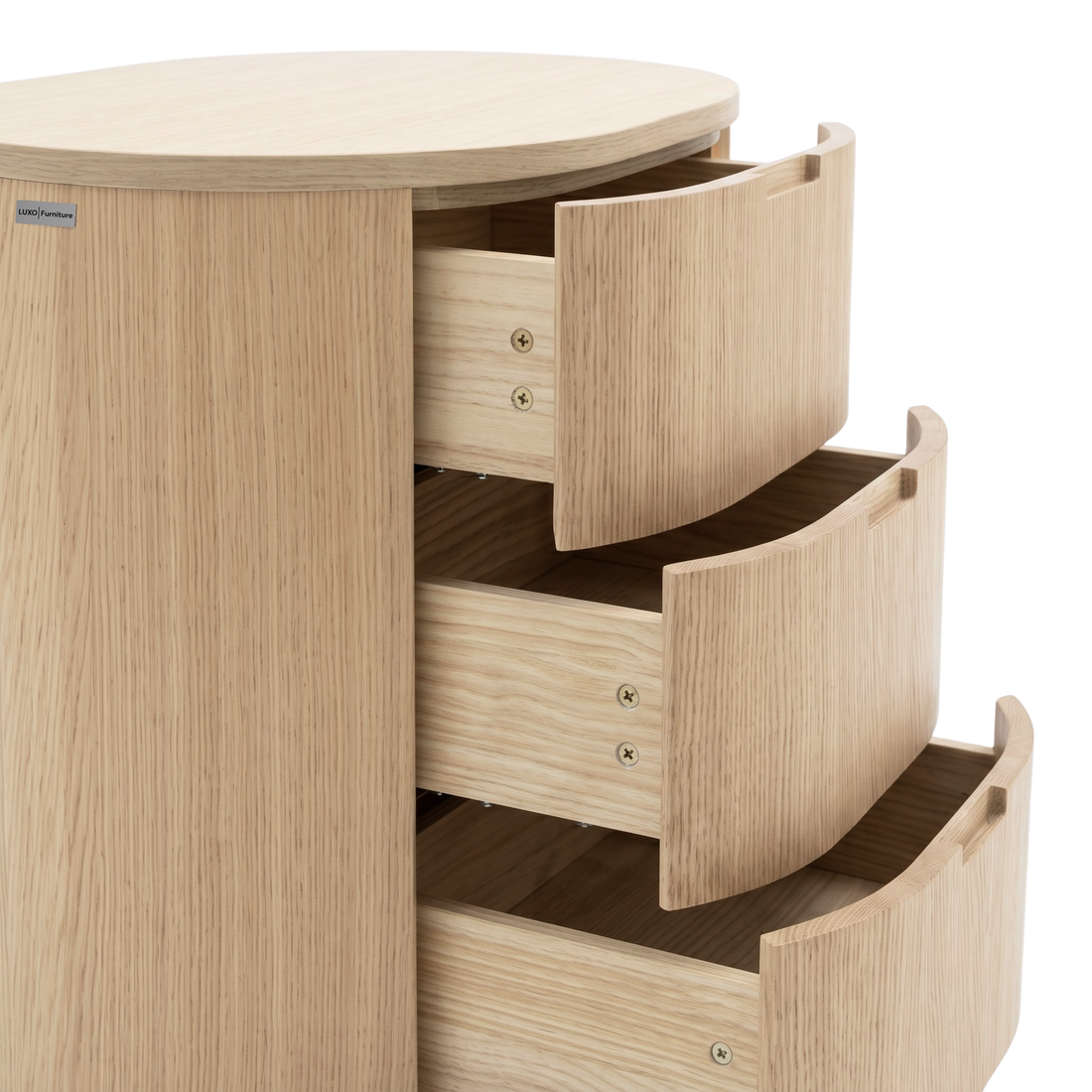 Light wood storage cabinet with partially opened drawers on a white background, cropped at the base