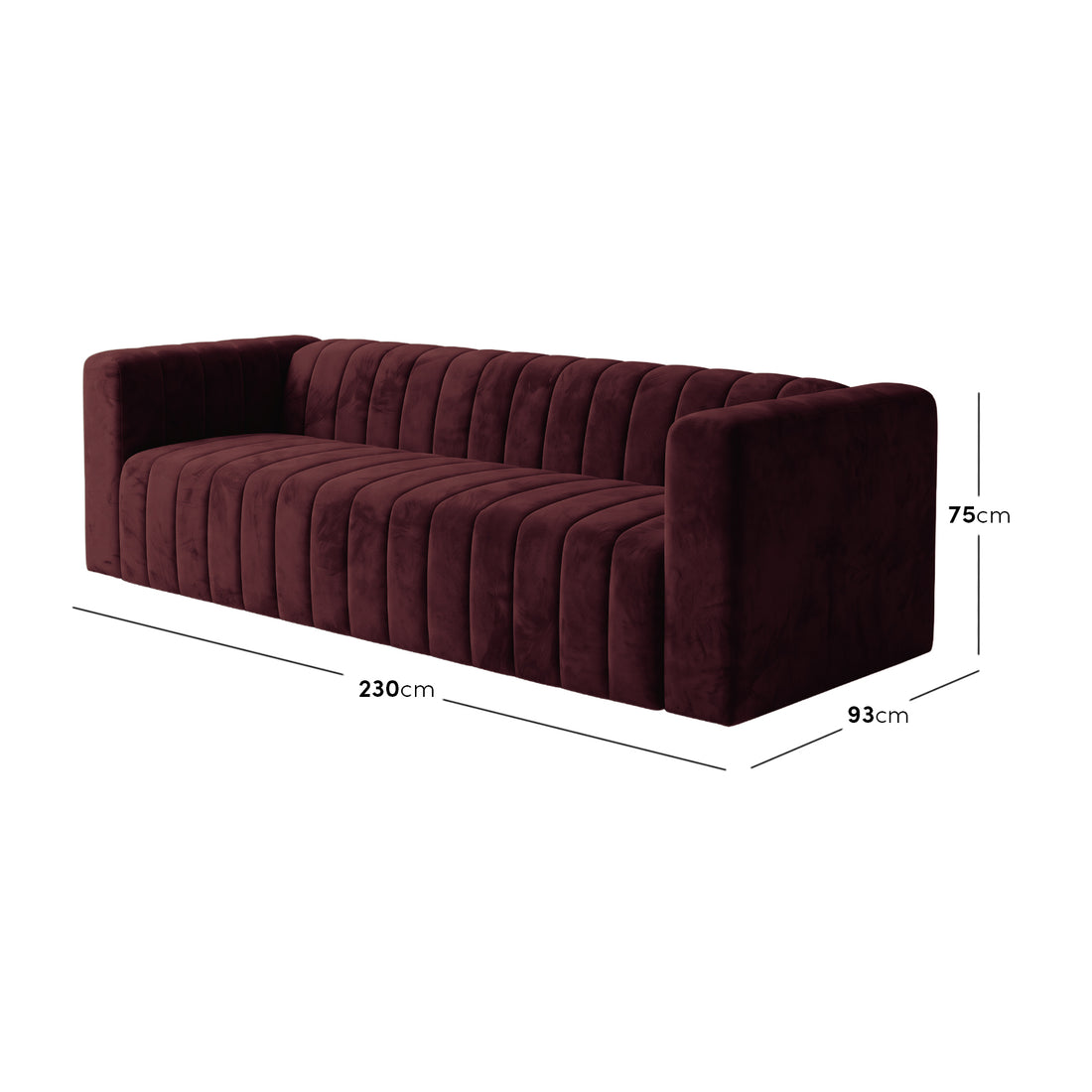 Dark Merlot sofa on white background with width, depth, and height measurements shown - Dimensions