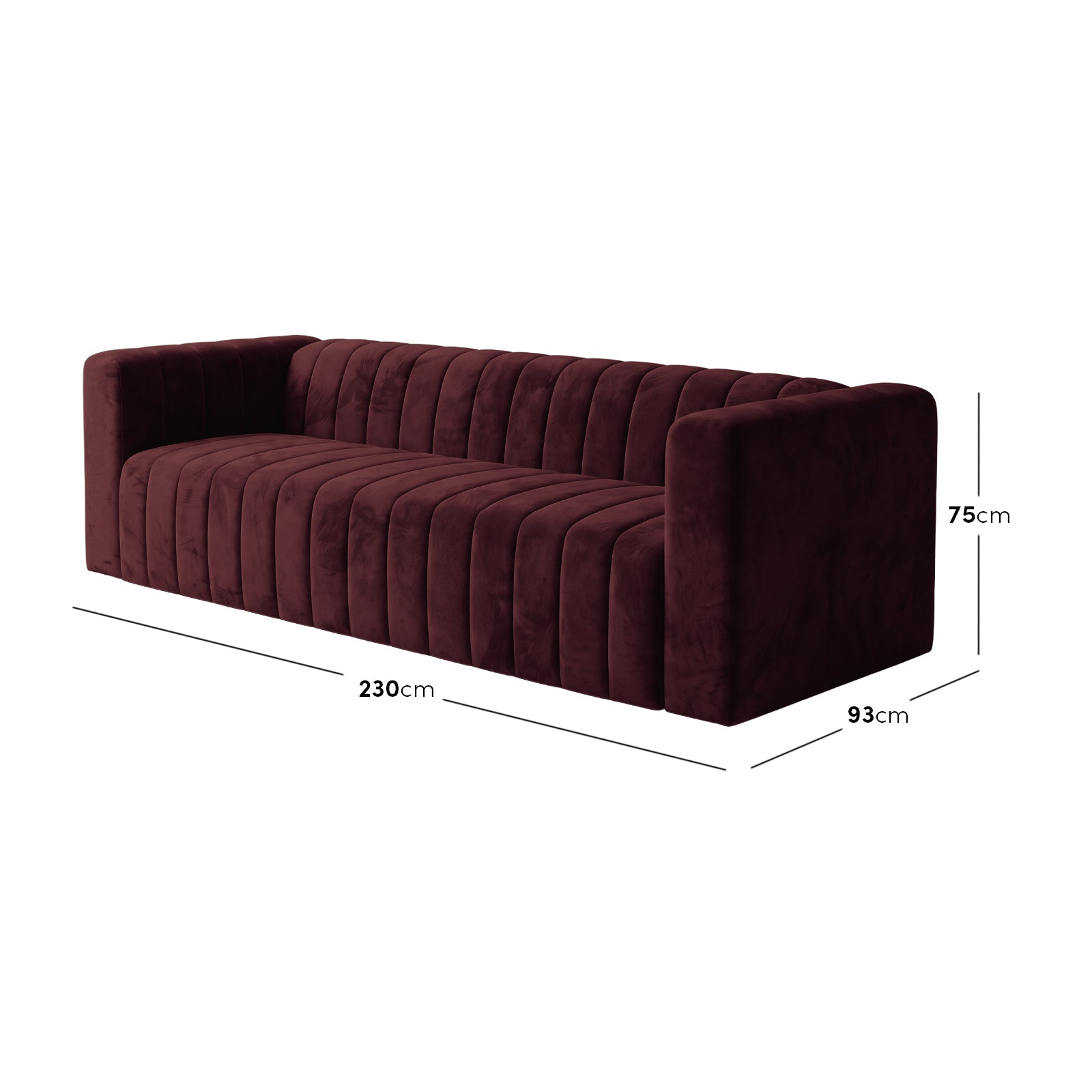 Dark Merlot sofa on white background with width, depth, and height measurements shown - Dimensions