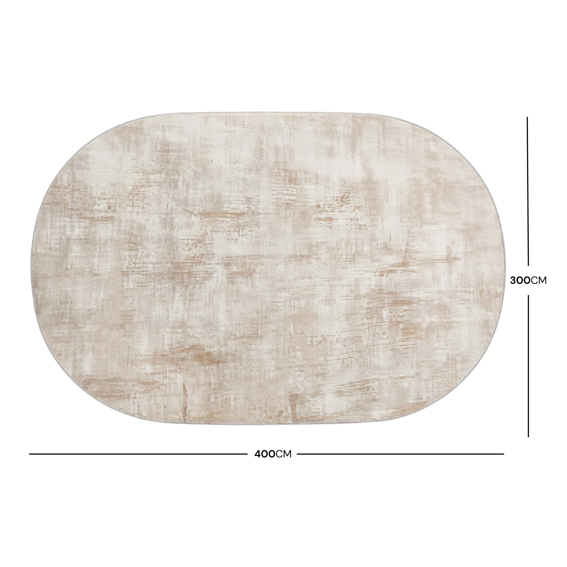 Oval beige rug shown on a white background with 300 x 400 cm dimensions marked.