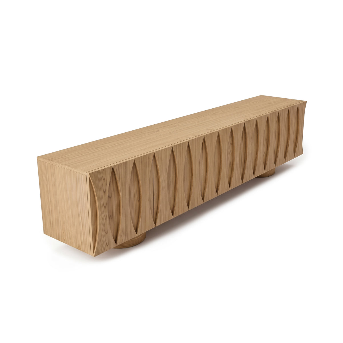 Wooden sideboard with sculpted geometric front pattern on a white background