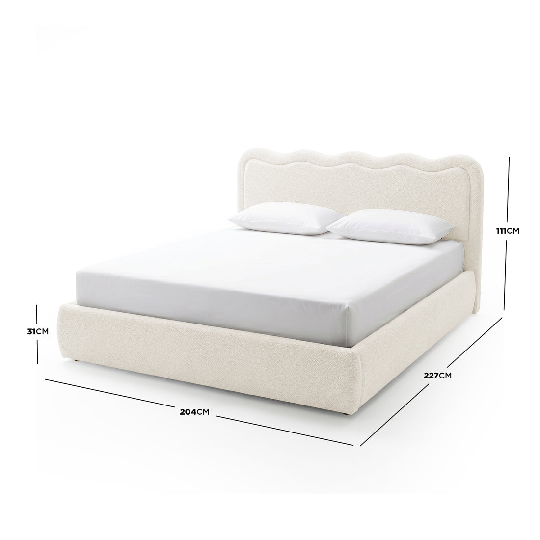 Cream upholstered bed on white background with dimension lines and measurements