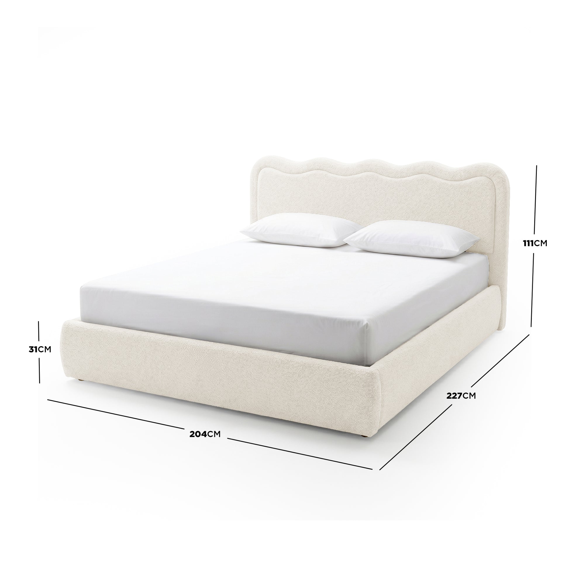 Cream upholstered bed on white background with dimension lines and measurements
