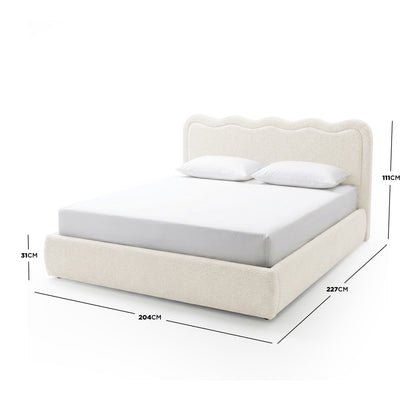 Cream upholstered bed on white background with dimension lines and measurements