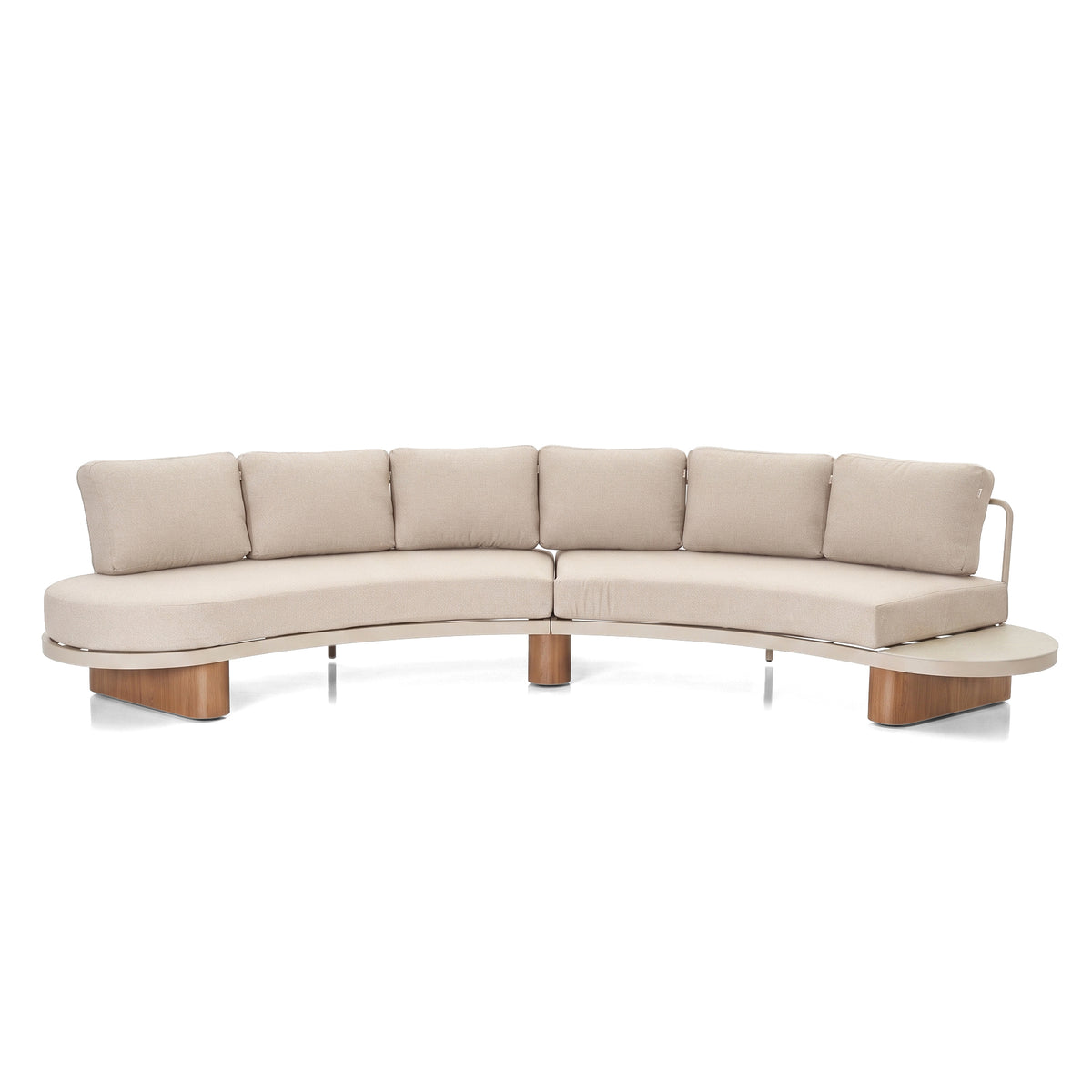 Curved sectional sofa with integrated side table on a white background