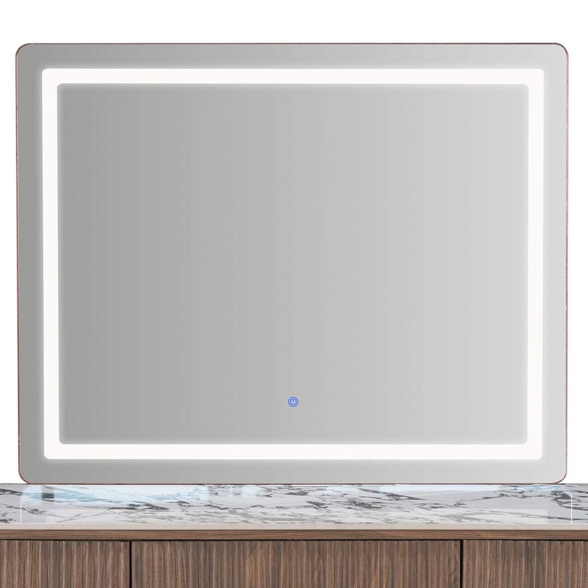 Wall-mounted LED mirror above a marble-top vanity