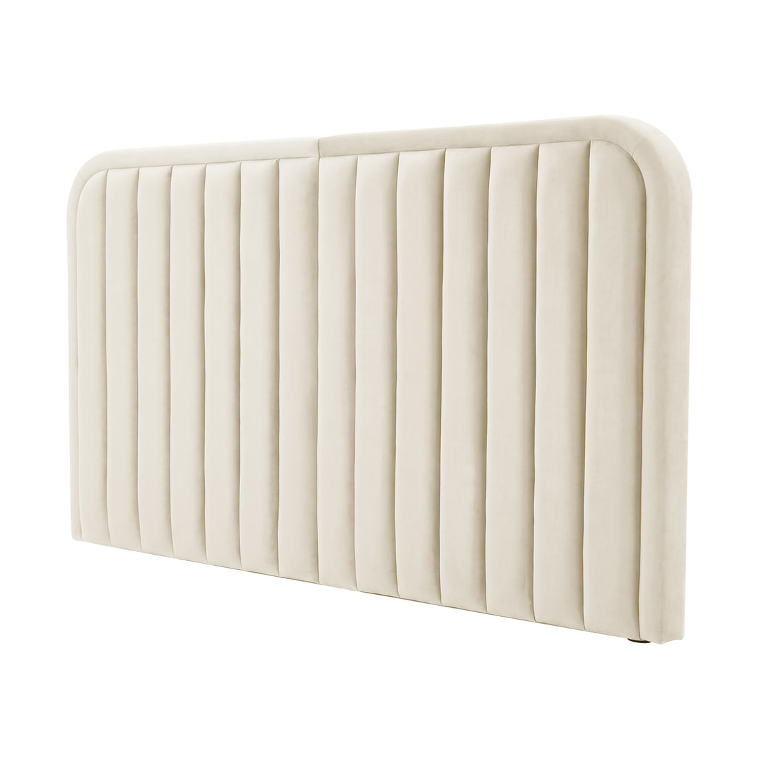 Cream upholstered headboard with vertical channeled stitching and rounded corners on white background