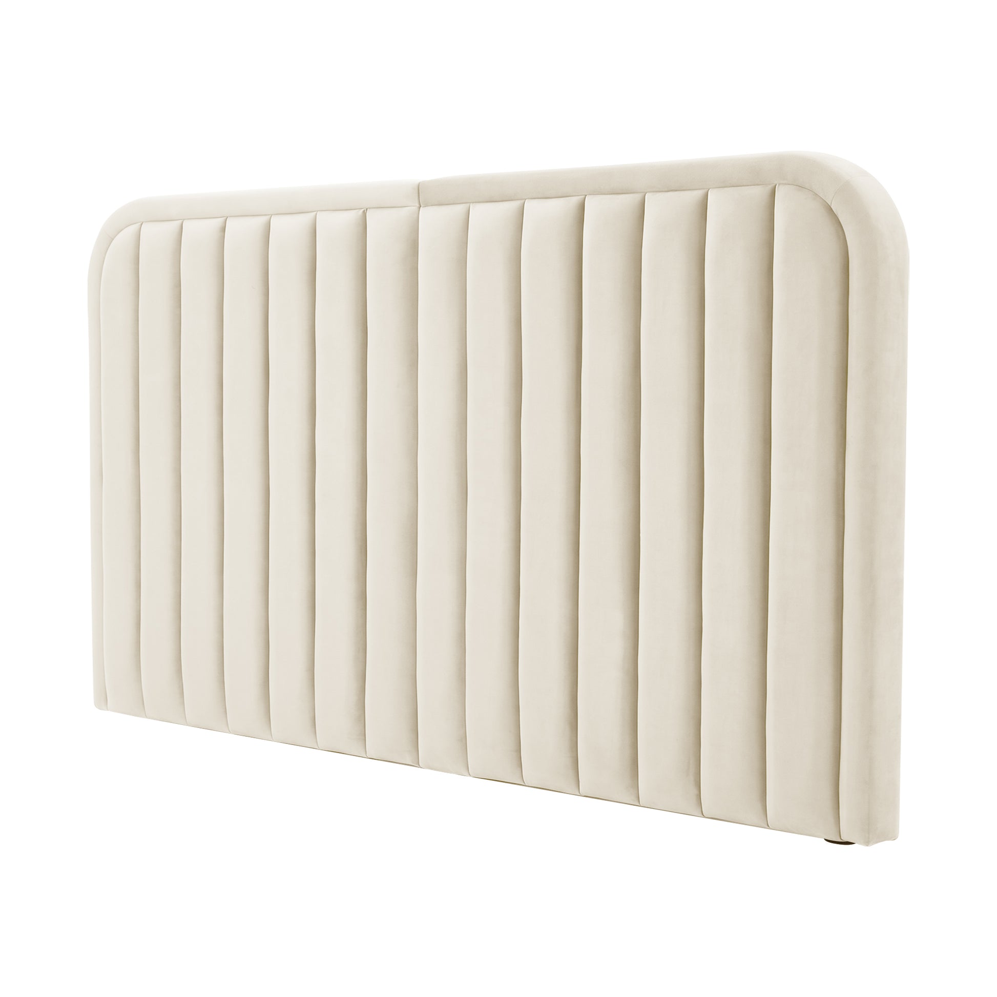 Cream upholstered headboard with vertical channeled stitching and rounded corners on white background