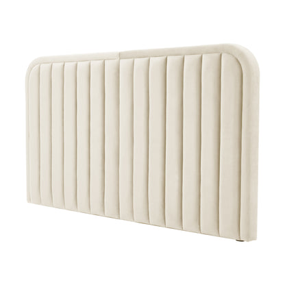 Cream upholstered headboard with vertical channeled stitching and rounded corners on white background
