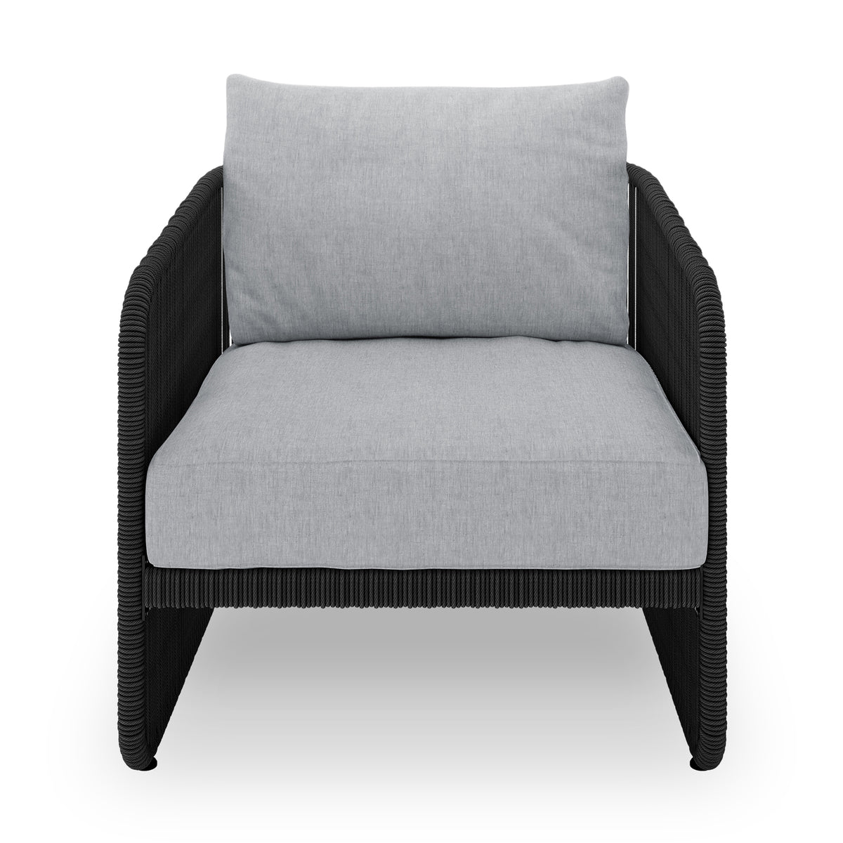 Solari 4 Seater Wicker Outdoor Sofa Set in Black features a sleek single-seat lounge chair, black woven frame, and thick light-gray cushions, epitomizing modern outdoor comfort and style.