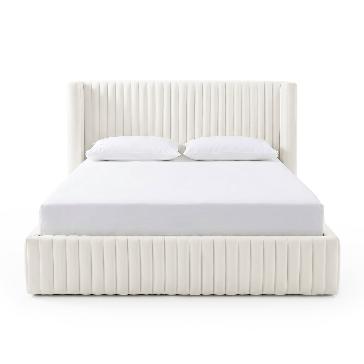 Full front view of upholstered bed on white background