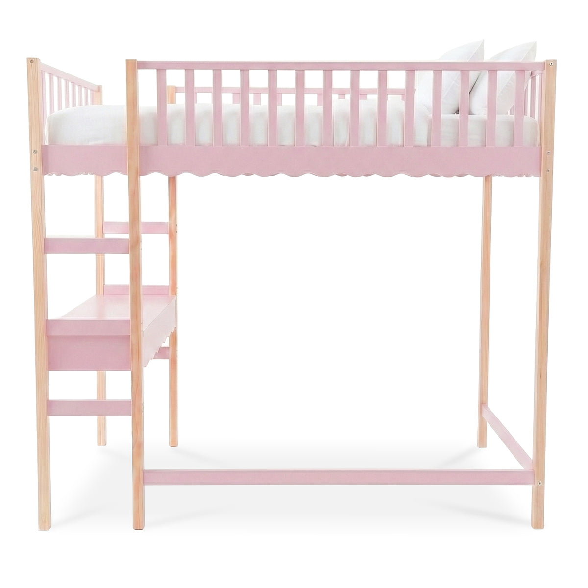 Loft bed with desk area beneath on white background