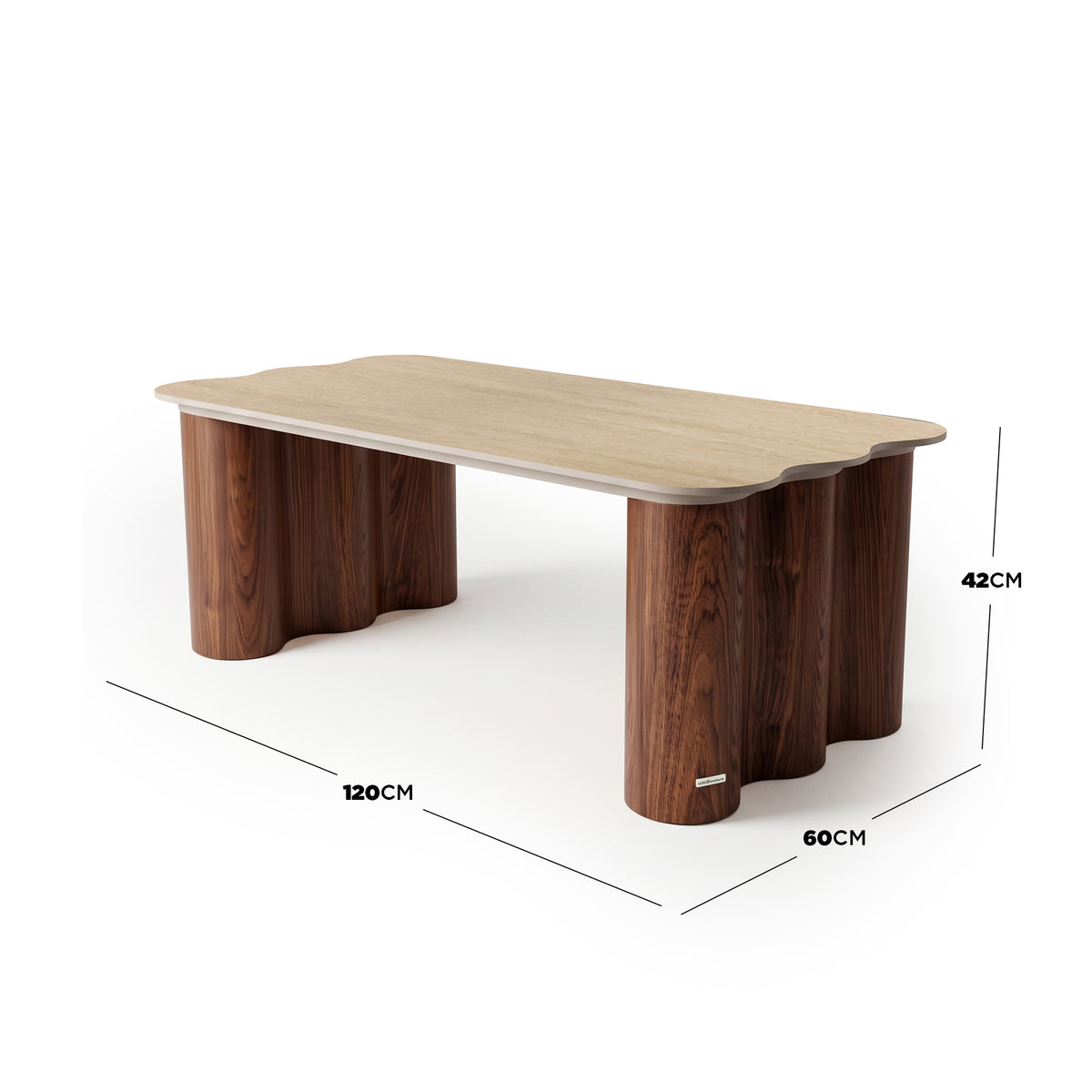 Wooden coffee table on white background with dimensions labeled