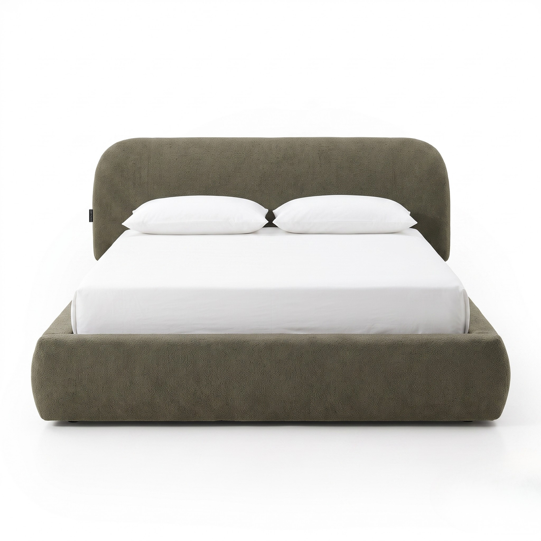 Full front view of upholstered bed on white background