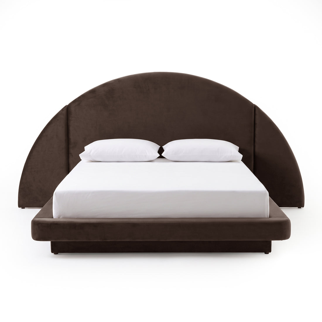 Full modern bed with dark semicircular headboard on a white background