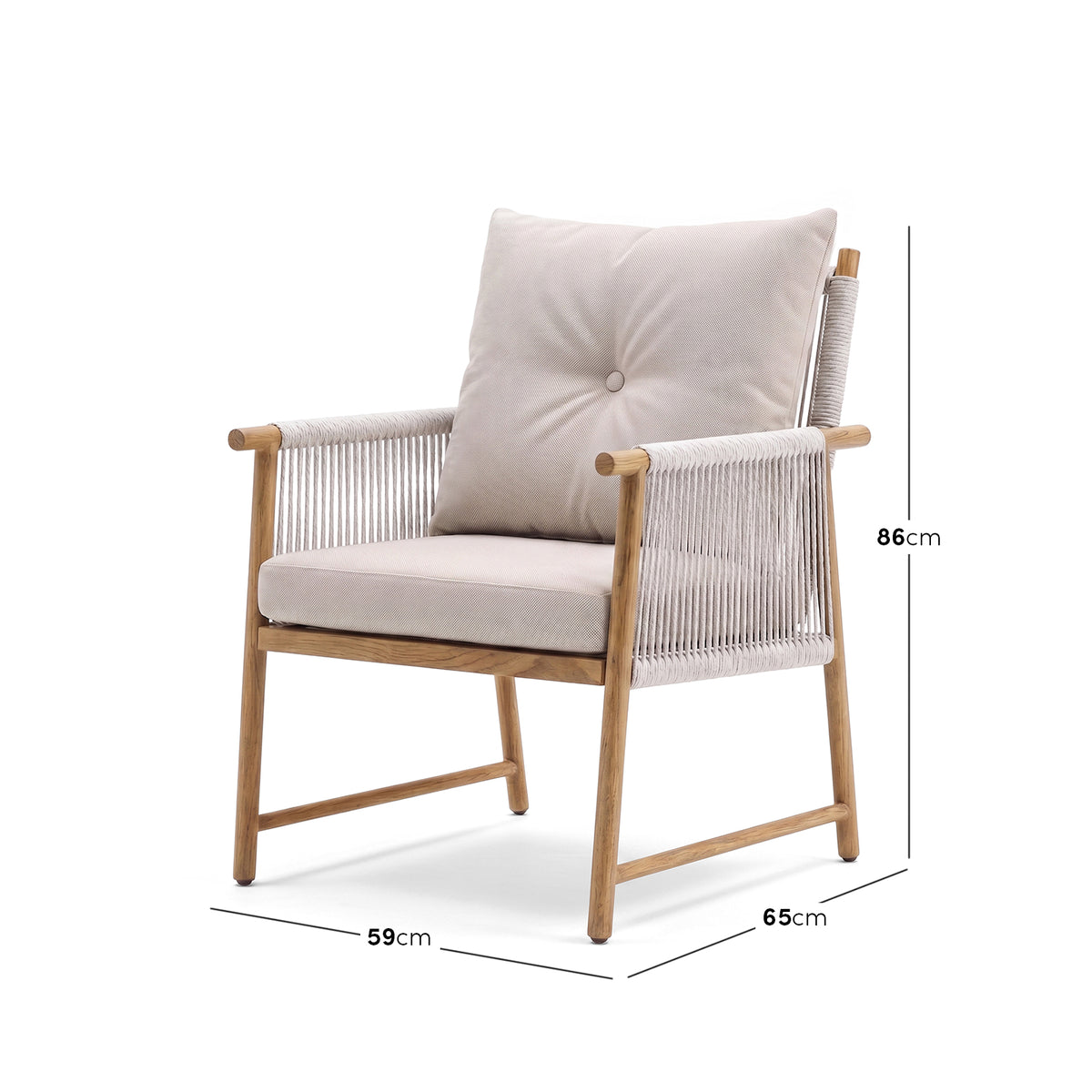 Modern chair on white background with dimensions marked 86 cm height, 59 cm depth, and 65 cm width
