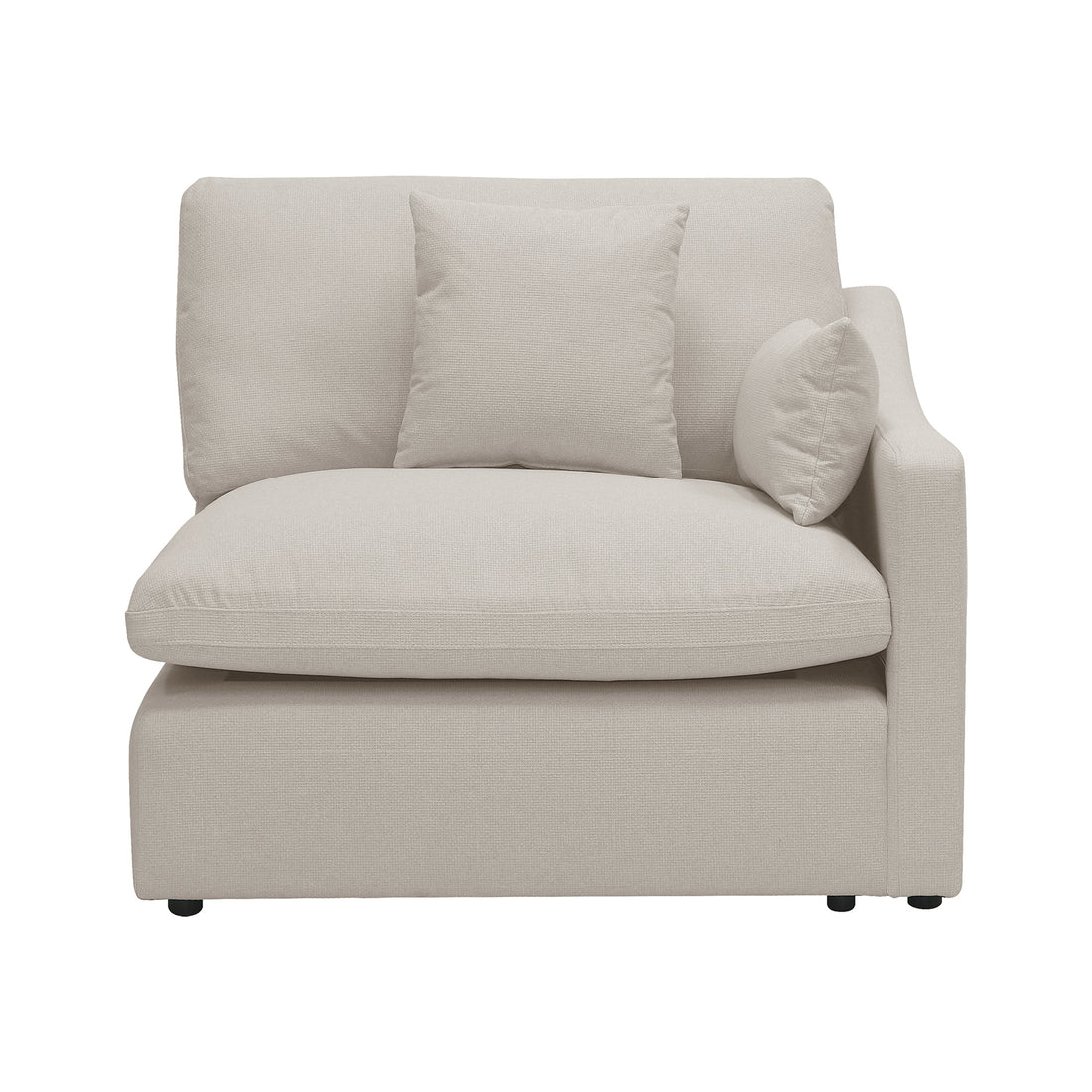 Beige armless corner chair with pillows on white background