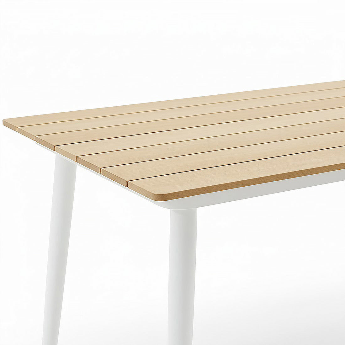 Casara 7 Piece Outdoor Dining Set features a slatted wood-look tabletop with cylindrical white legs, ideal for transforming your patio into a stylish and weather-resistant dining space.
