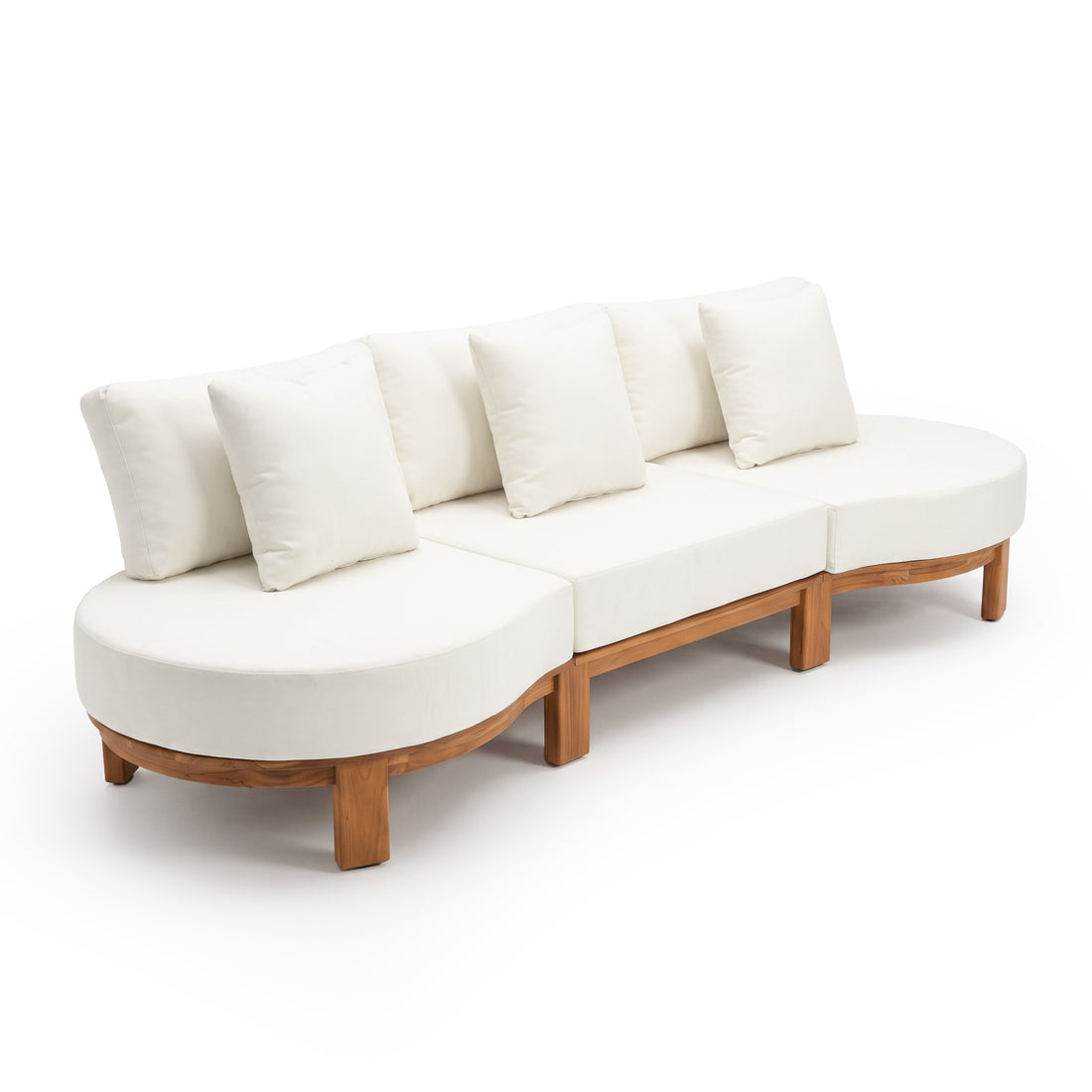 Contemporary sofa with rounded ends, wooden base, and white cushions on a white background.