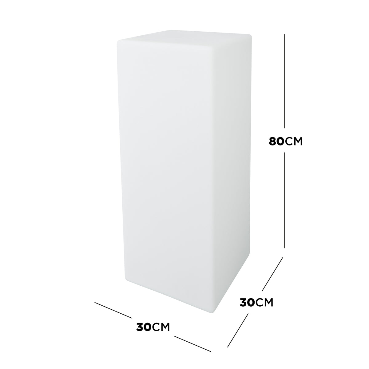 80cm Outdoor Solar LED Column Light, a sleek white rectangular prism with dimensions of 30x30x80 cm, features remote control and solar charging options for versatile, cordless outdoor lighting.