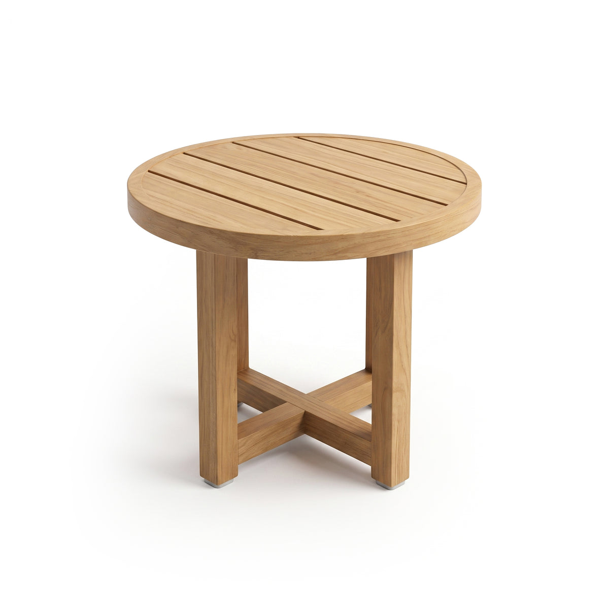 Round wooden side table with slatted top and X-base on white background