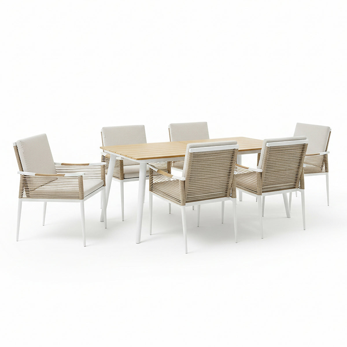 Casara 7 Piece Outdoor Dining Set in White & Beige features a rectangular table with a teak-look top and white metal legs, plus six matching chairs with tan woven rope sides and neutral cushions.