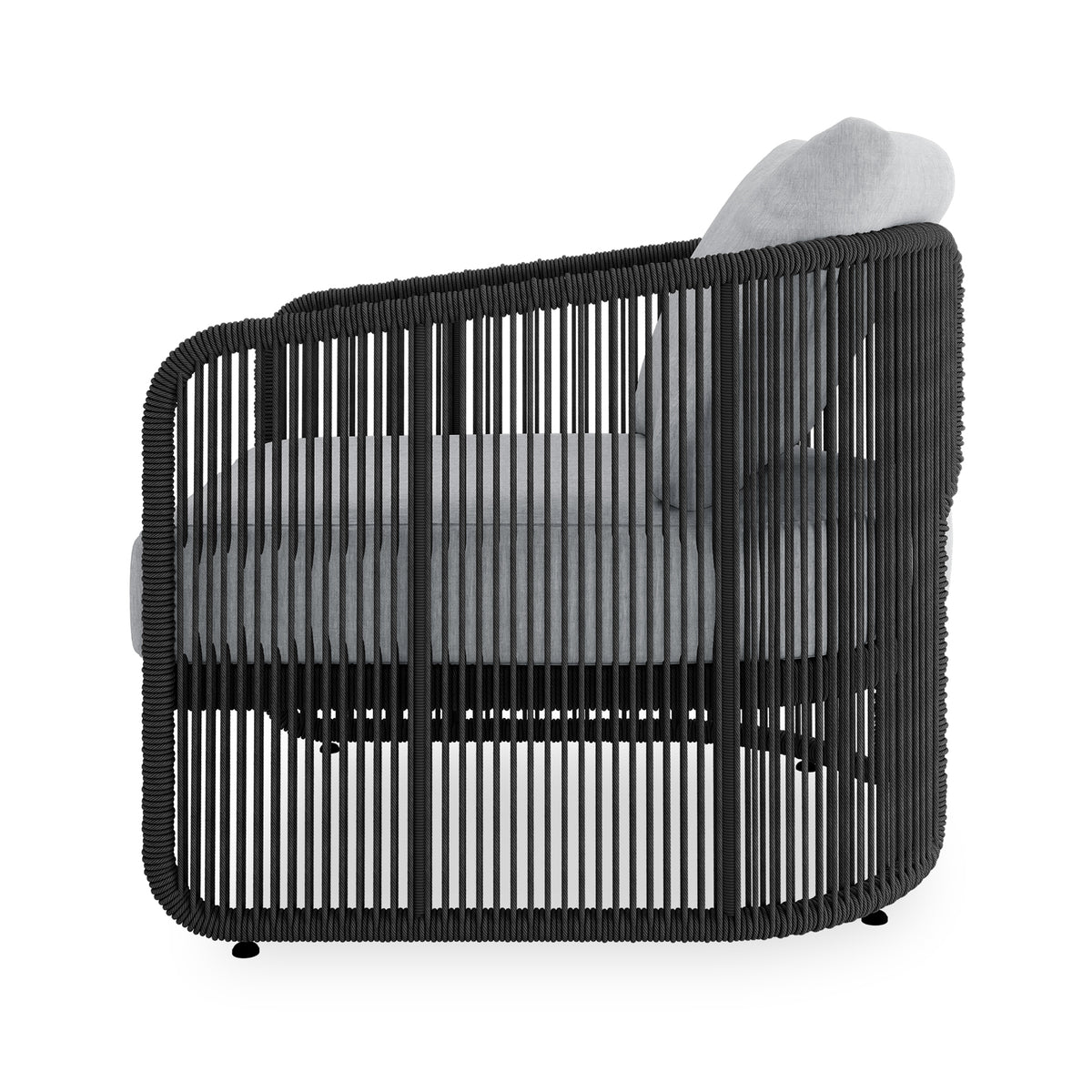 Solari 4 Seater Wicker Outdoor Sofa Set in Black, featuring a side view of a modern lounge chair with vertical black ropes, light-grey cushions, and a sleek, airy design.