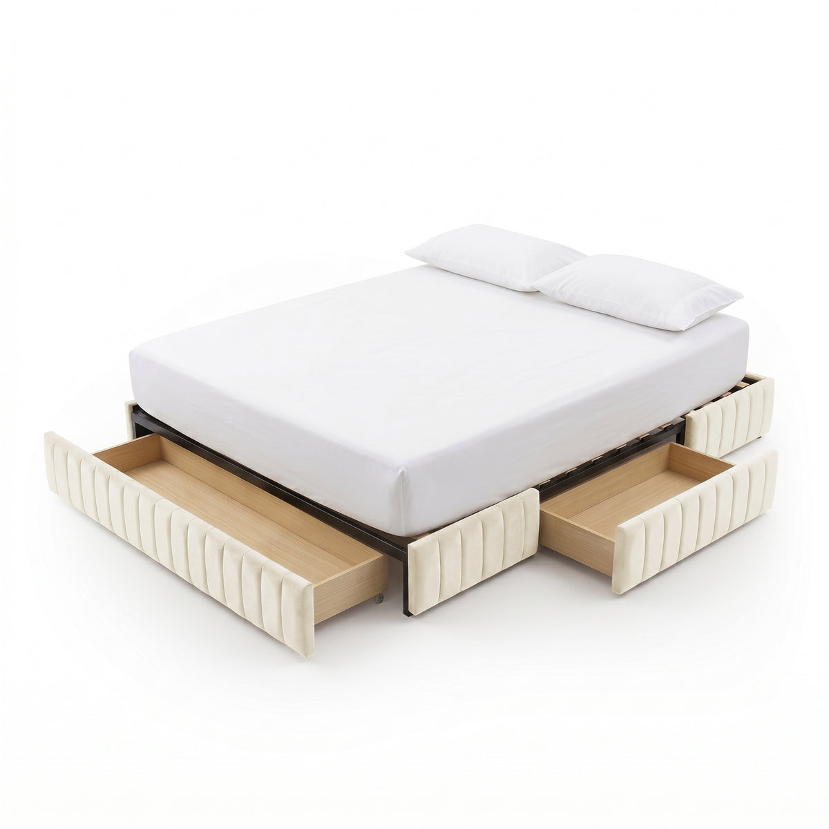 Upholstered bed with pull-out storage drawers on sides and foot, white mattress and pillows on white background