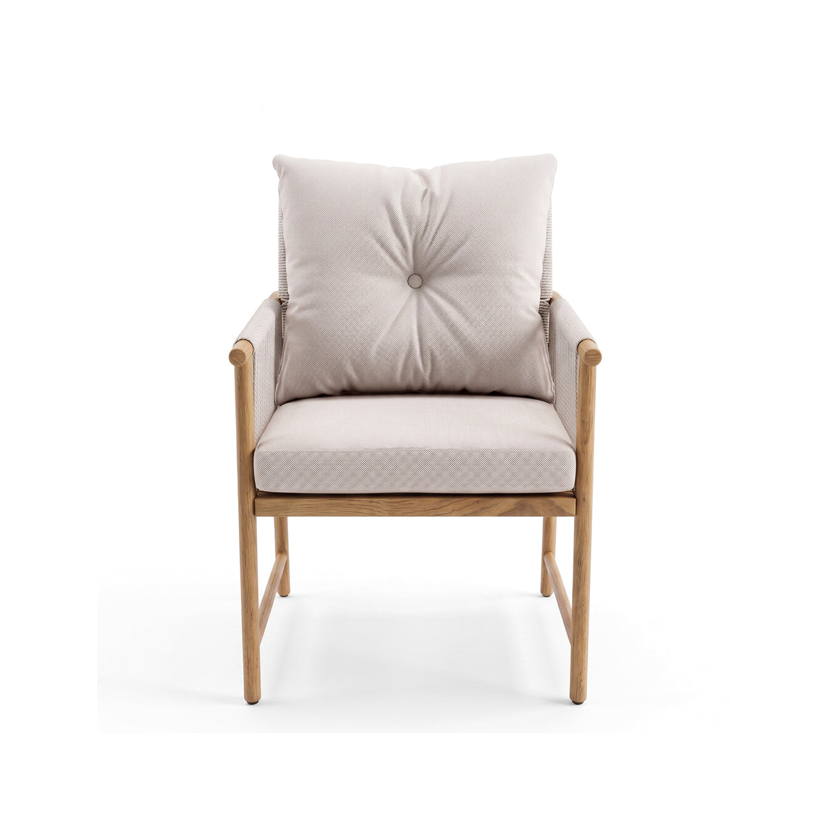 Front view of a modern armchair with light wood frame and beige cushions on white background