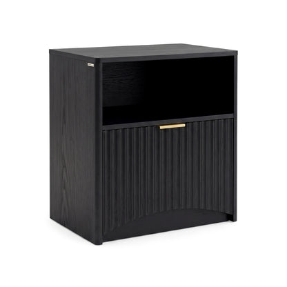 Black modern nightstand with open shelf and fluted lower door on a white background