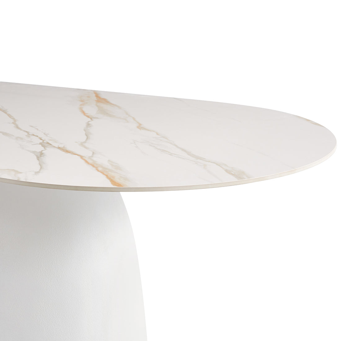 Close angled partial view of a modern oval marble-look table on a white background