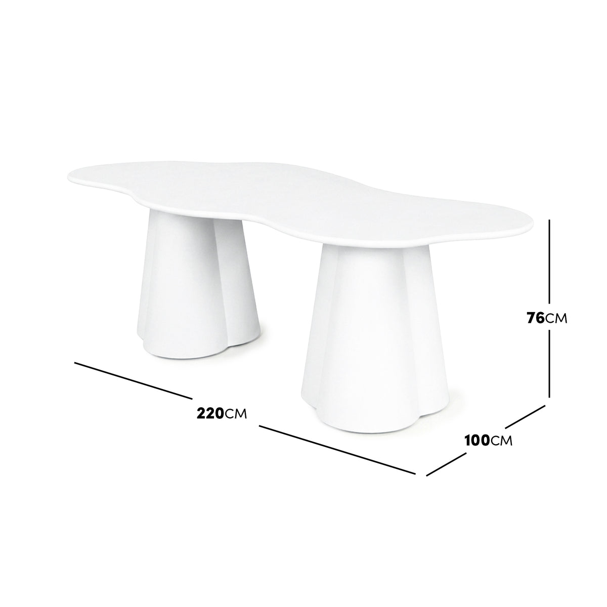 White modern table on a white background with measurement lines showing 220 cm by 100 cm by 76 cm