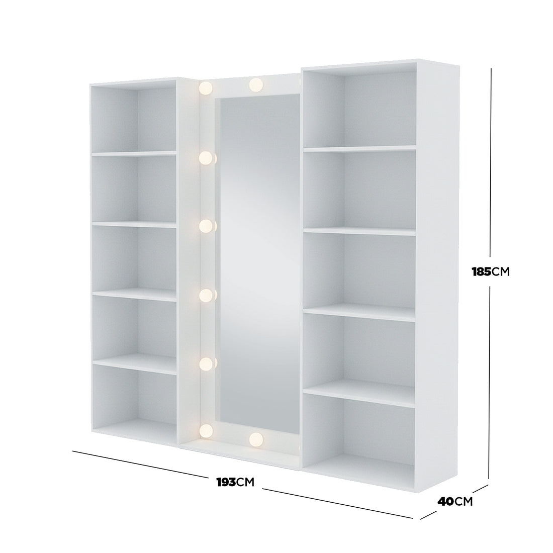 Vanity storage unit on white background with dimension callouts - Dimensions