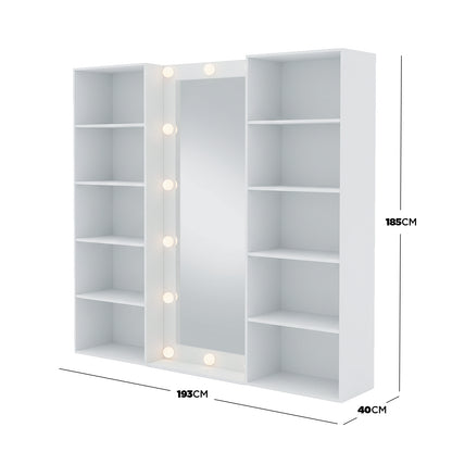 Vanity storage unit on white background with dimension callouts - Dimensions