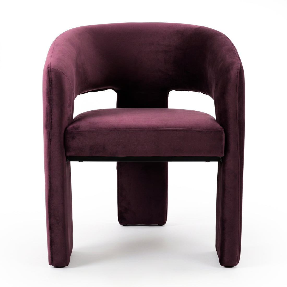 Front view of full burgundy velvet chair on white background