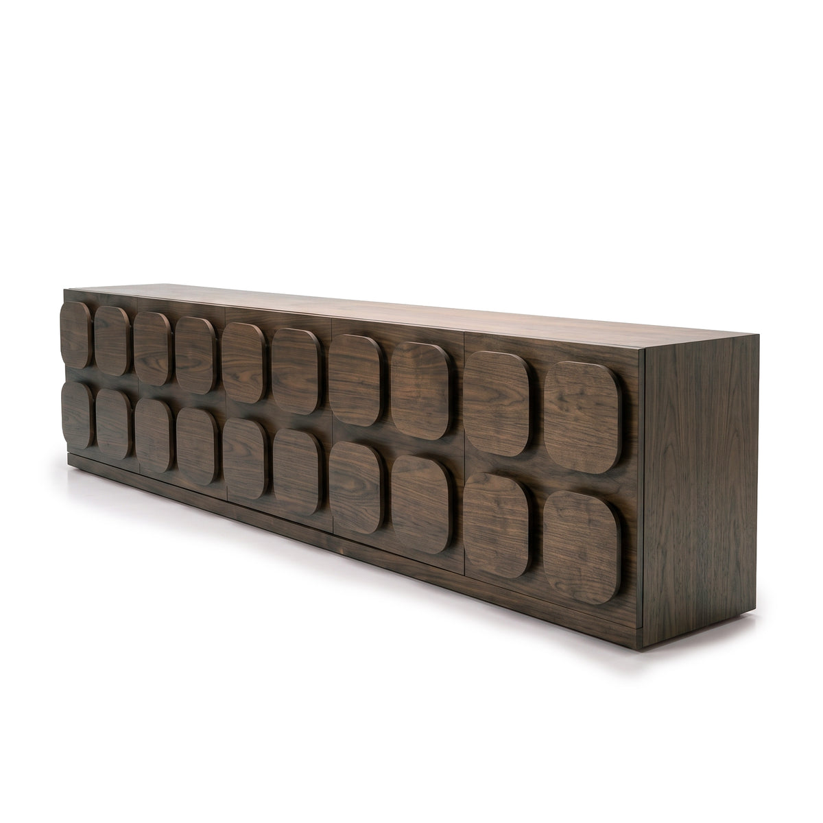 Angled view of a dark wood sideboard on a white background