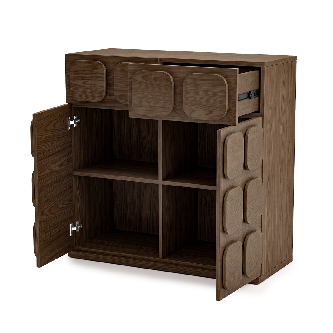 Wooden storage cabinet with open doors and drawers showing internal storage compartments on a white background