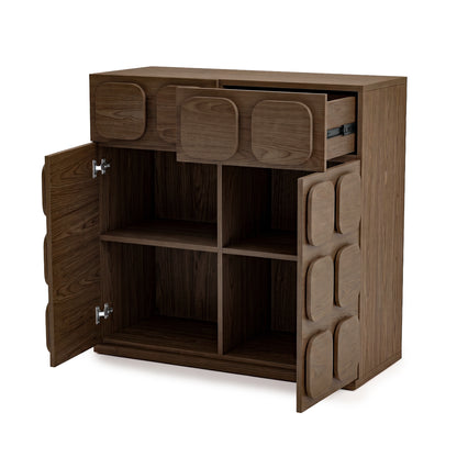 Wooden storage cabinet with open doors and drawers showing internal storage compartments on a white background