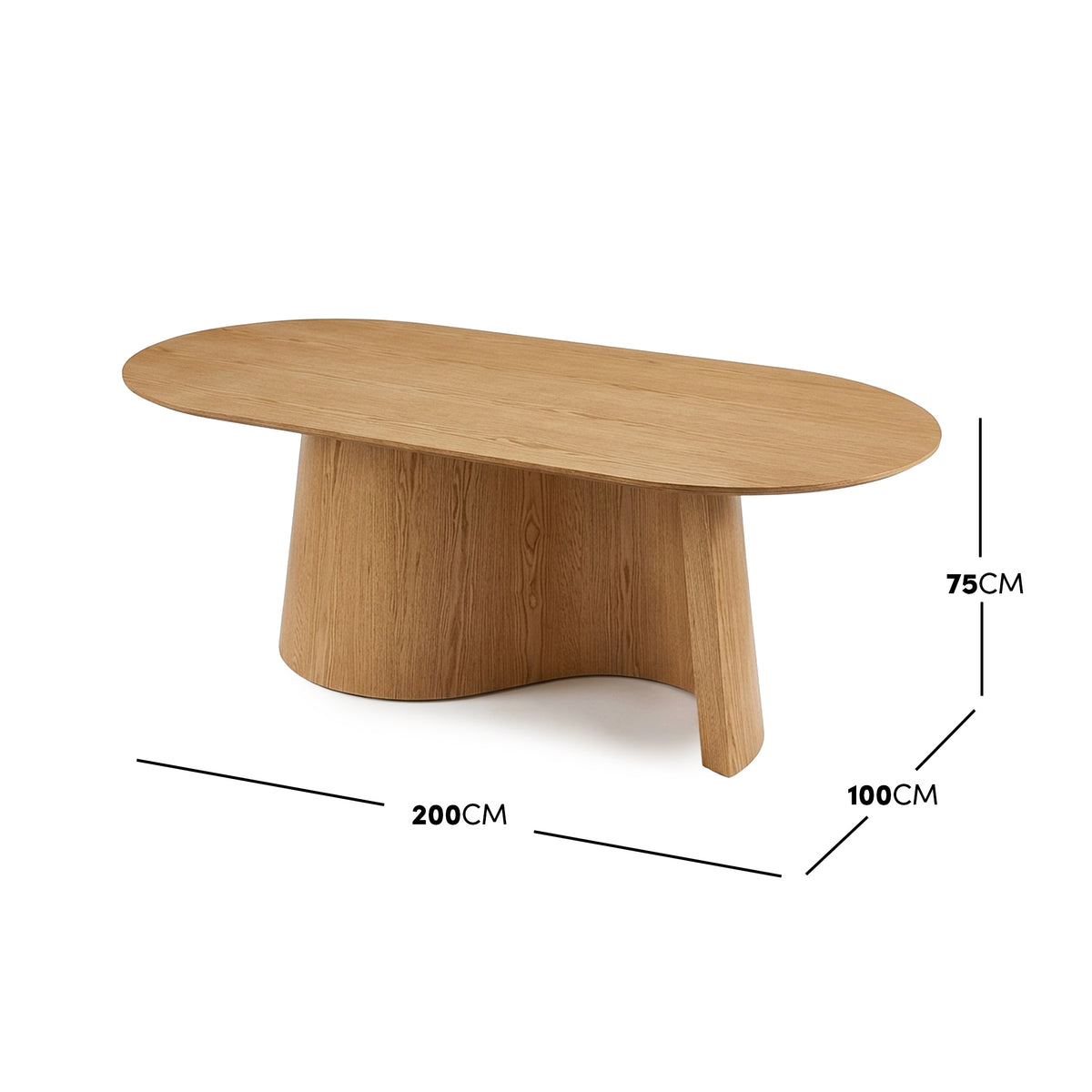 Wooden oval table with dimension lines showing 200 cm by 100 cm by 75 cm