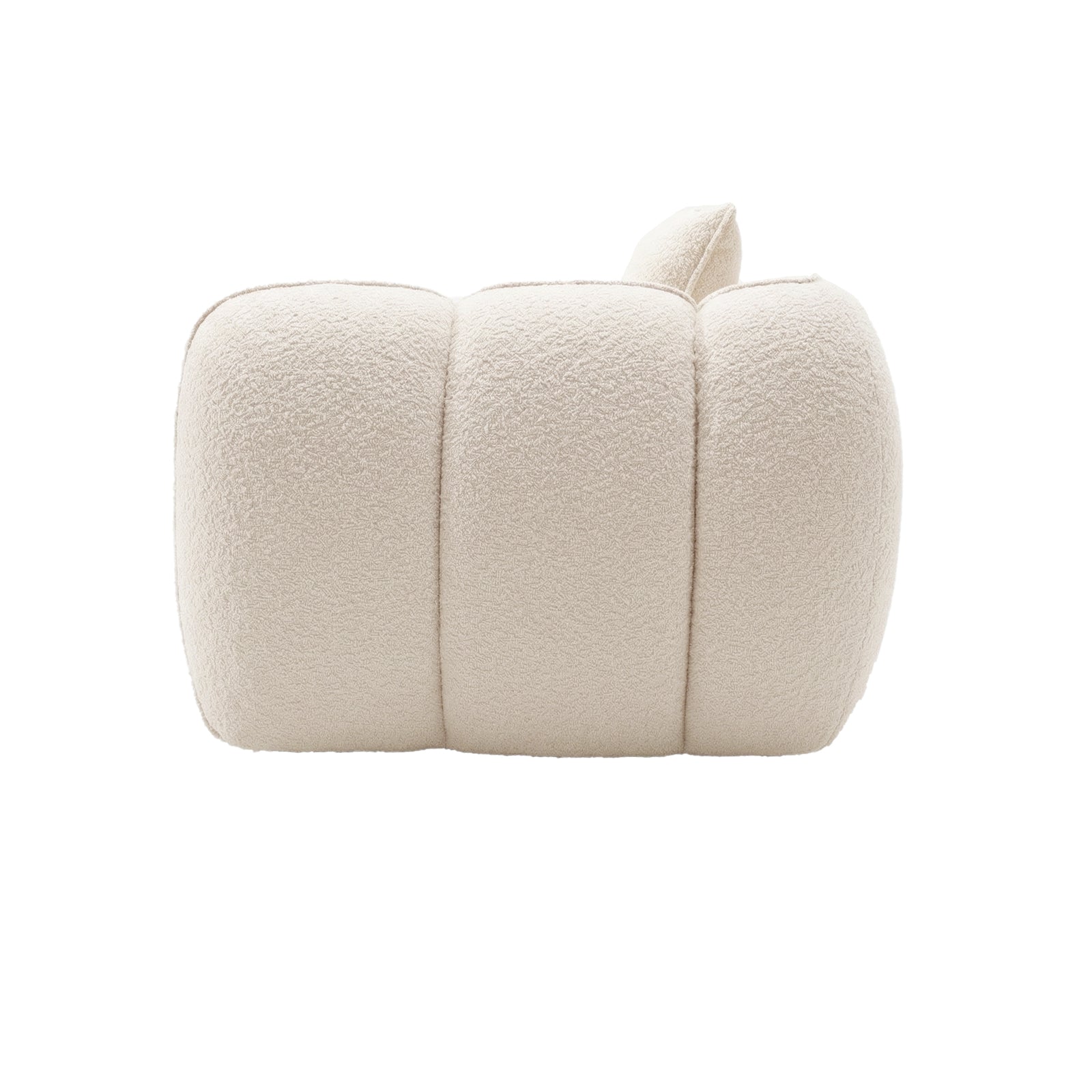 Cream boucle accent chair or ottoman with channeled upholstery on white background