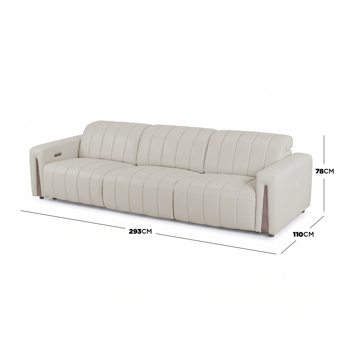 Beige three-seat sofa with dimensions labeled on a white background.