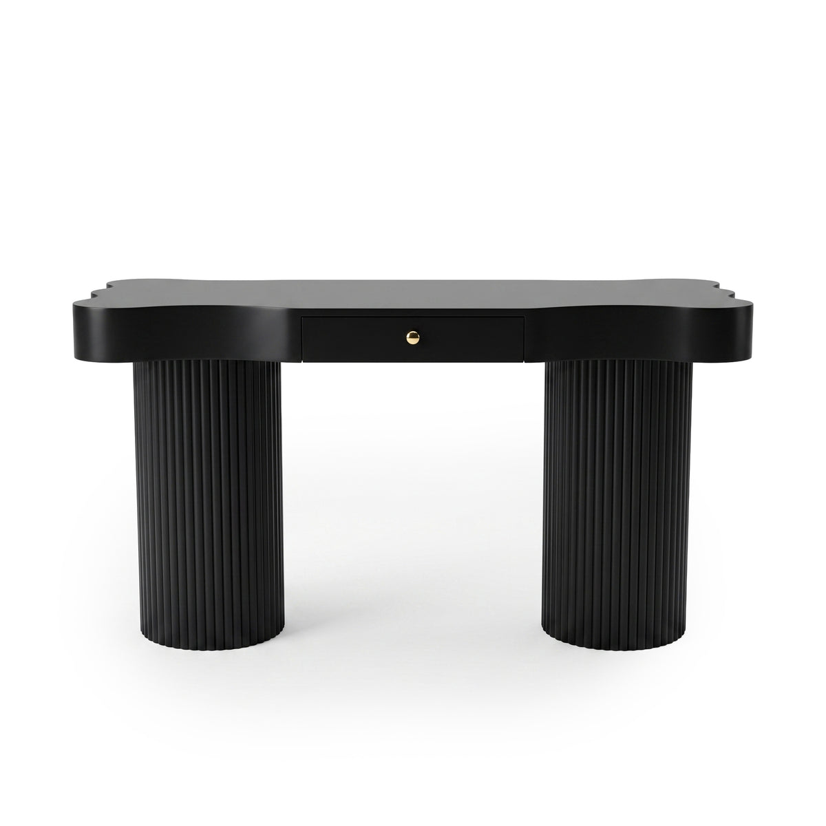 Black desk or console table with rounded corners and fluted legs on a white background