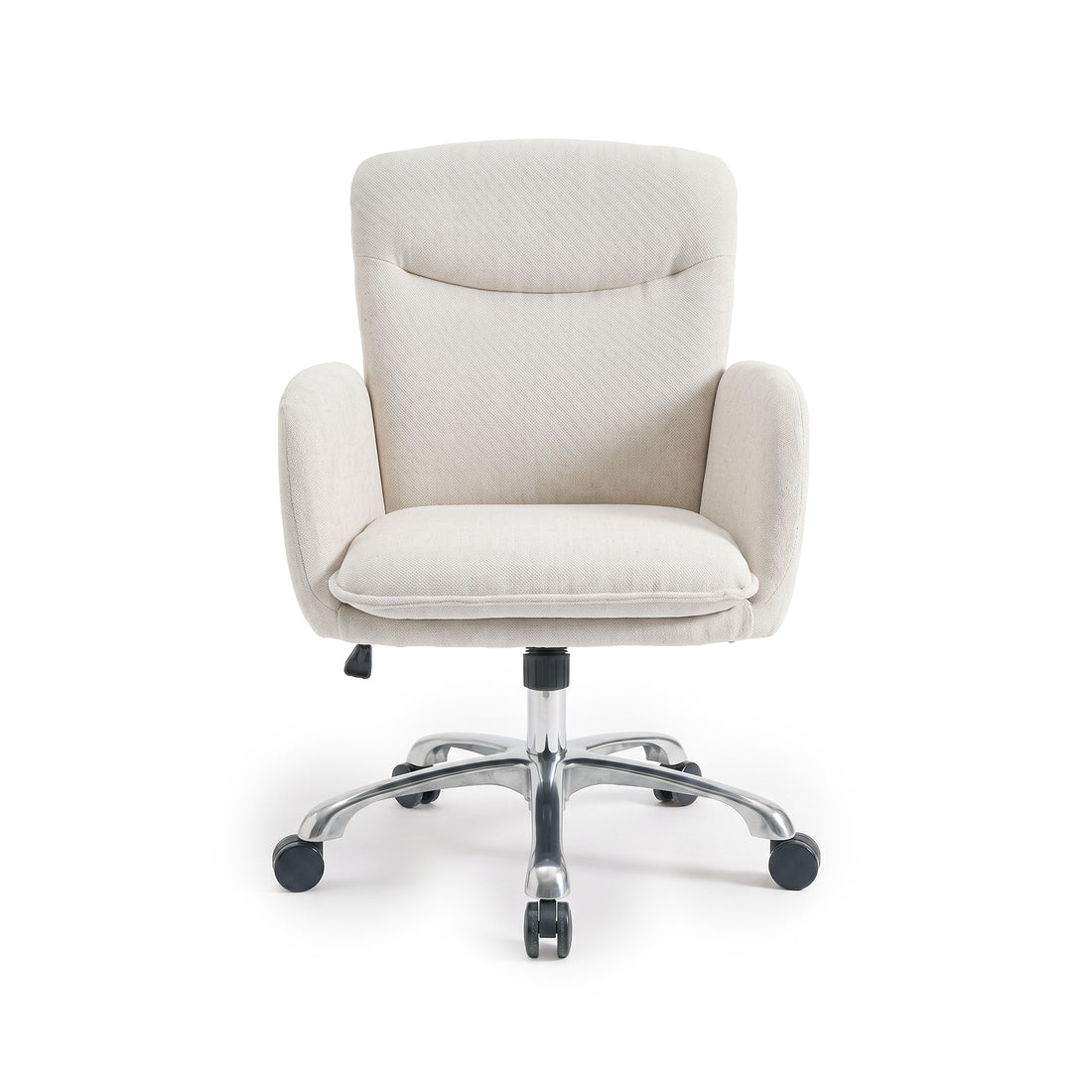 Full view of a beige upholstered office chair on a white background