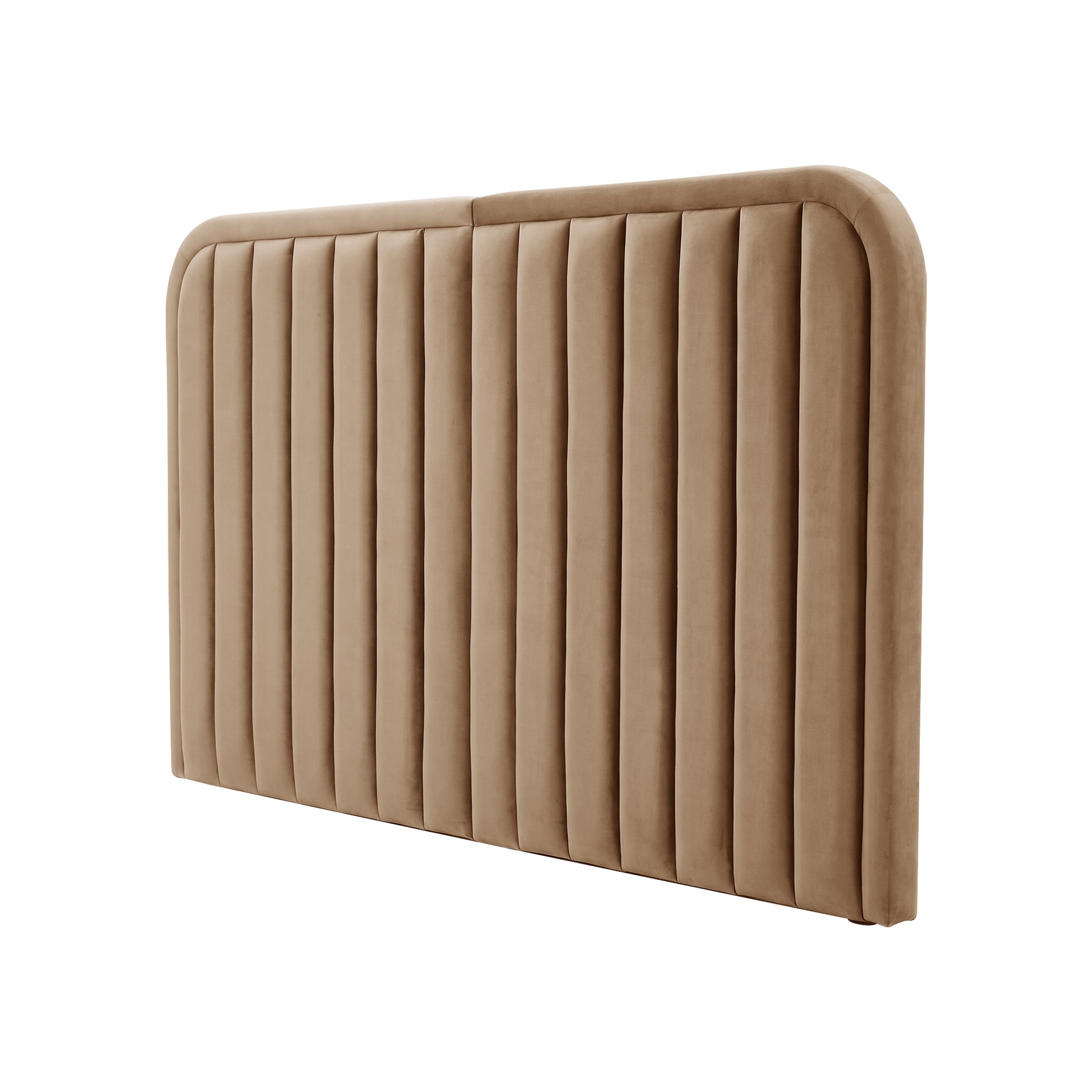 Light brown upholstered headboard with vertical channeled design on white background