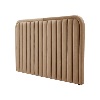 Light brown upholstered headboard with vertical channeled design on white background